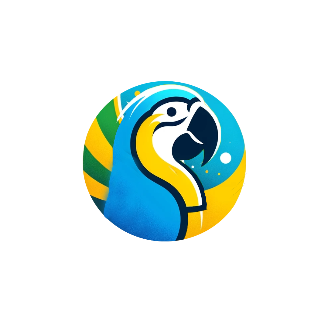 Logo Brazilian English: arara azul e amarela em círculo com as cores do Brasil
